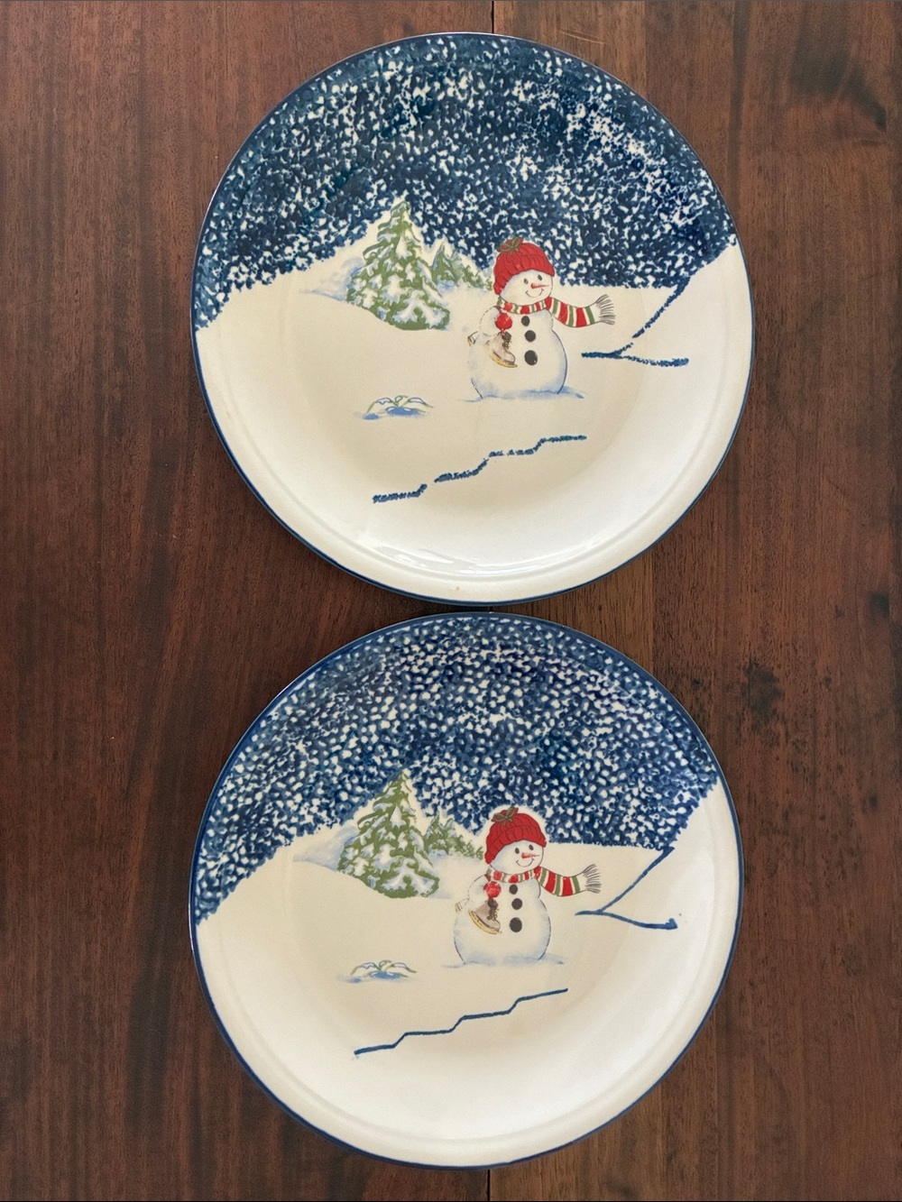 Set of 2 Thomson Pottery Winter Snowman Dinner Plates Spongeware Christmas
